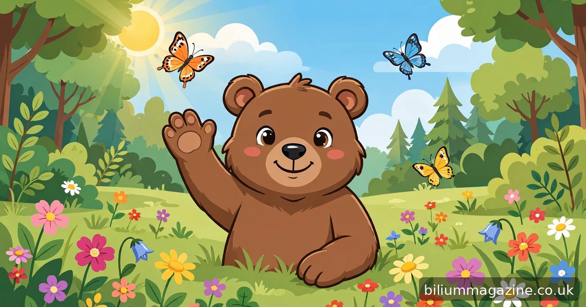 85 Bear Puns That Are Paws-itively Hilarious Cartoon brown bear waving hello in a sunny forest clearing with butterflies and flowers