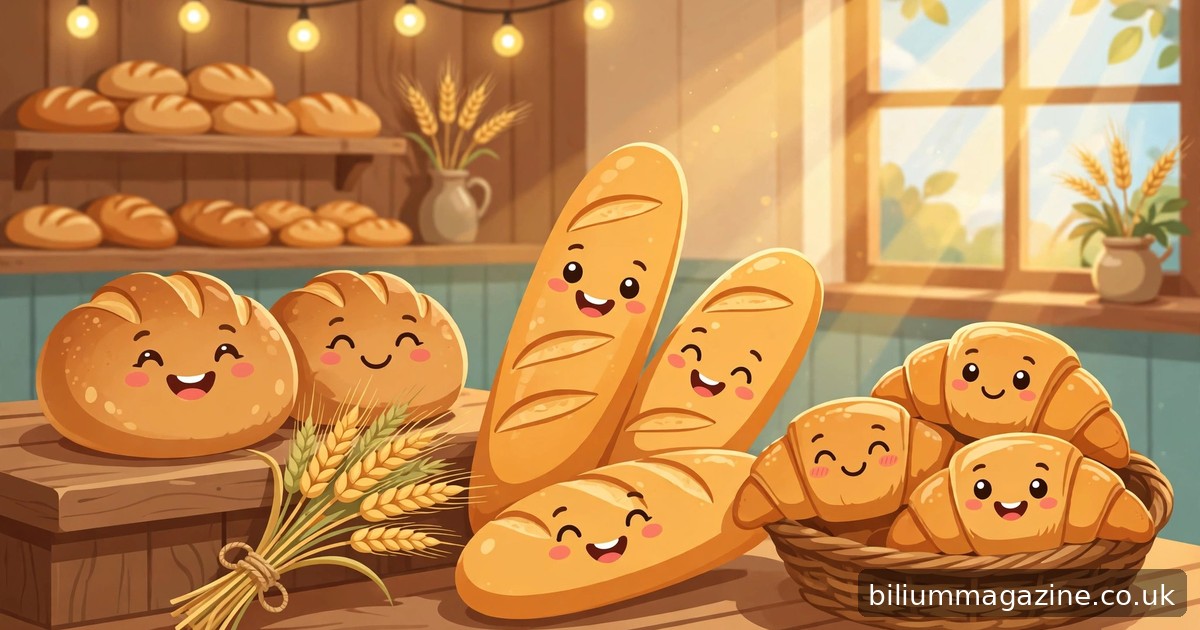 72 Bread Puns Fresh Out of the Oven Cartoon smiling bread loaves, baguettes and croissants with cute faces in a cozy bakery