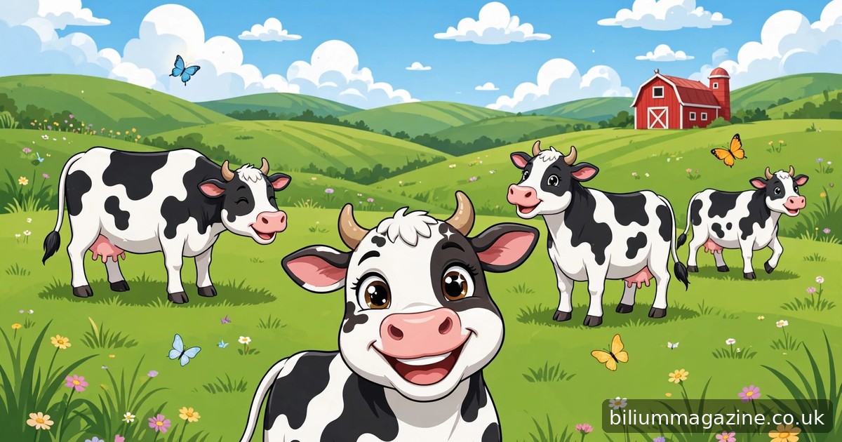 100+ Cow Puns That Are Udderly Hilarious Happy cartoon dairy cows grazing in a green pasture with a red barn