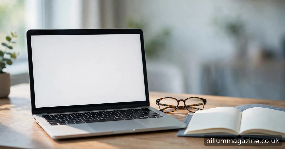Nordzones.com Review 2026: What It Is & What to Know Laptop with blank screen beside glasses and an open notebook on a wooden desk in soft daylight
